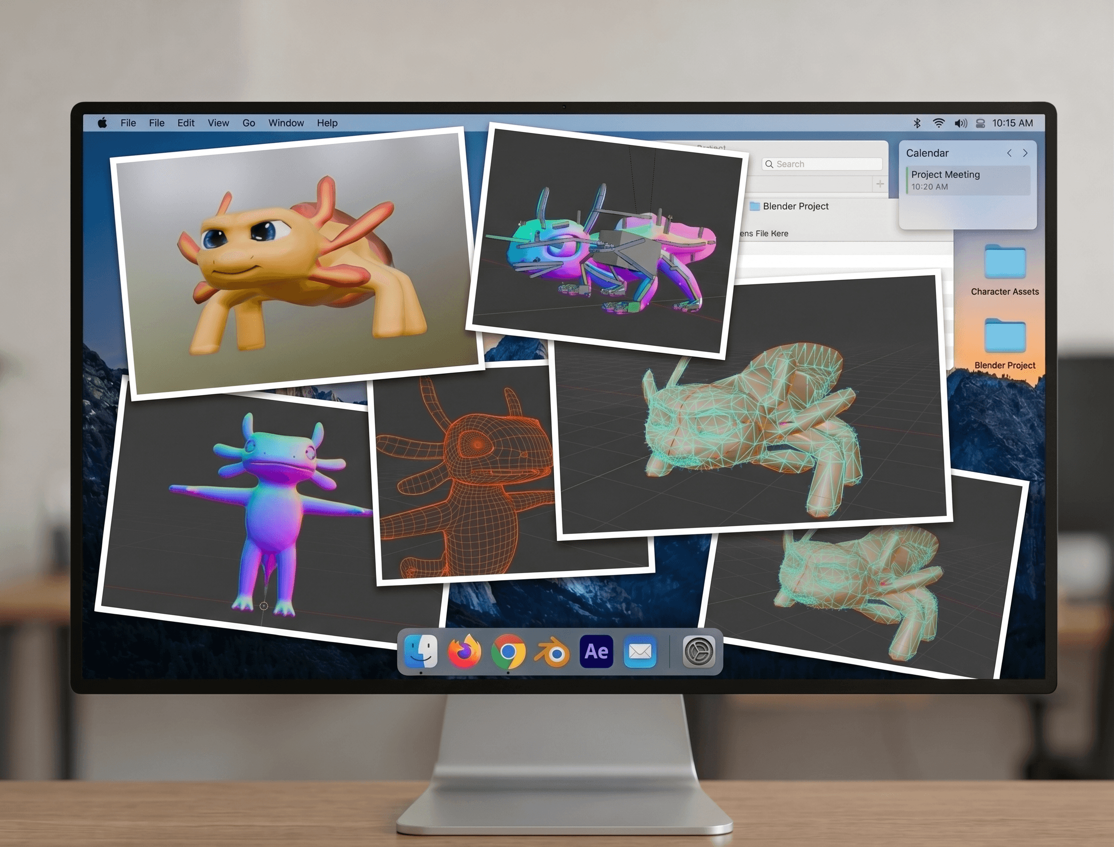 A computer screen showing multiple screenshots of the in-progress Axolotl model.